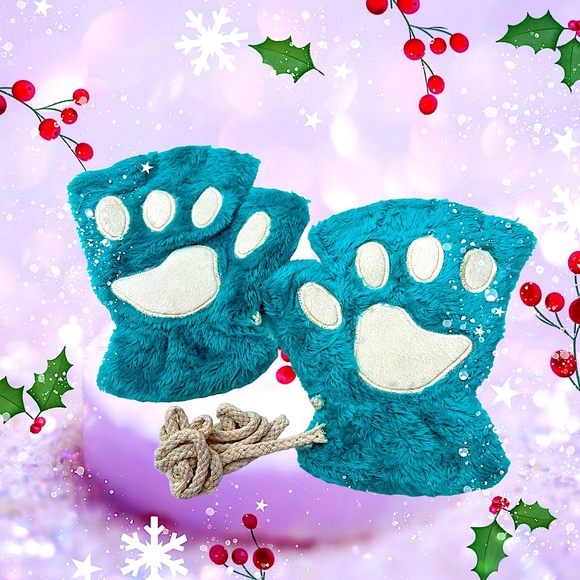 Super Soft Faux Fur Cat Bear Animal Paw Fingerless Gloves - Picture 2 of 13